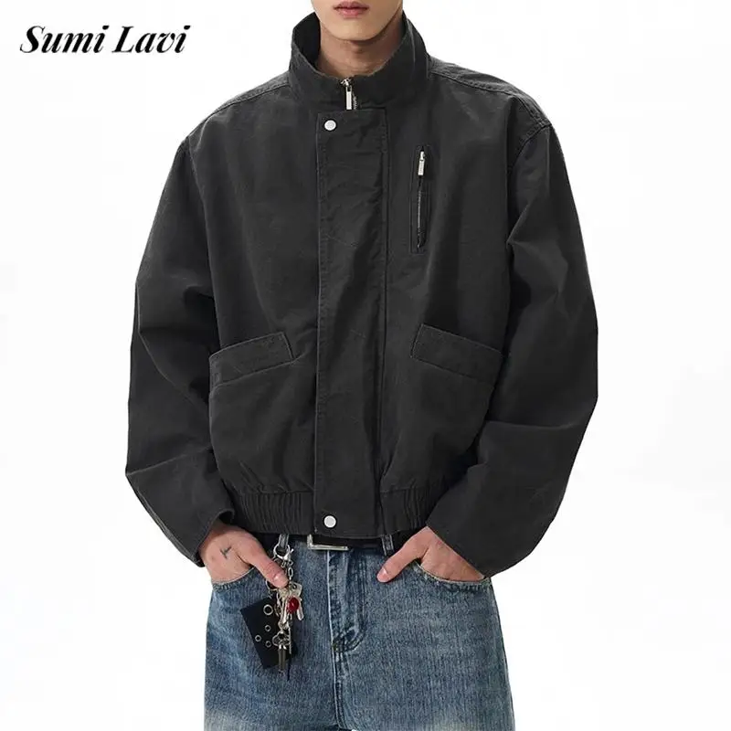 

Fall Winter Outdoor Fashion Mens Cargo Coats Vintage Solid Color Zipper Stand Collar Jacket Coat Stylish Long Sleeve Outerwear