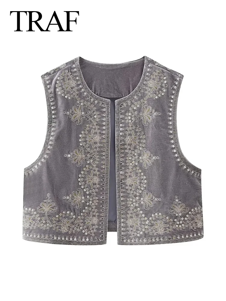 TRAF 2023 Women Embroidered Vest Tops Summer Casual Vintage Y2k Cardigan Waistcoat Woman Sleeveess Chic Loose Streetwear