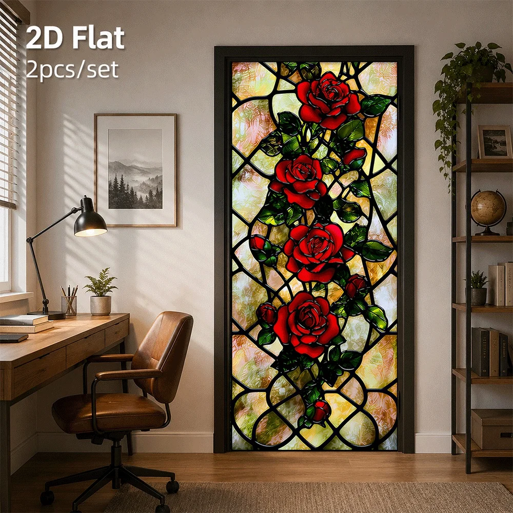 1 piece of European retro rose painted glass door sticker self-adhesive 2D flat surface