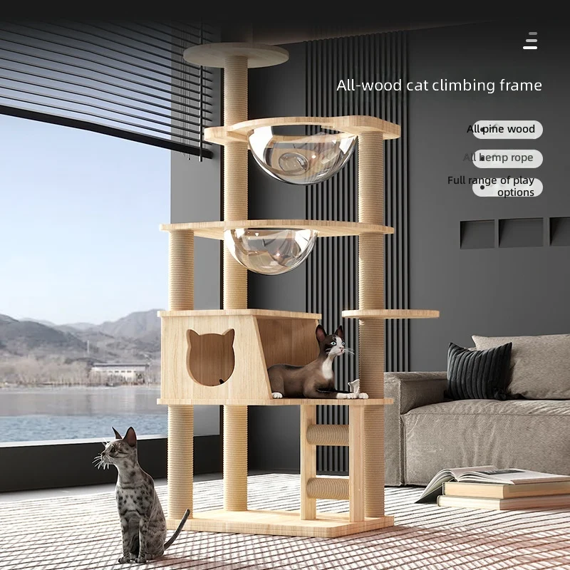 

Cat Tree with Cave & Perch, Solid Wood Cat Climbing Tower for Small Spaces,Multi-Level Pet Furniture,Indoor Pet Scratching Post
