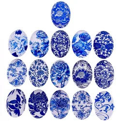 13x18mm 18x25mm 30x40mm Random Mixed Blue and White Porcelain Oval Glass Cabochon Flatback Photo Base Tray Blank DIY Accessories