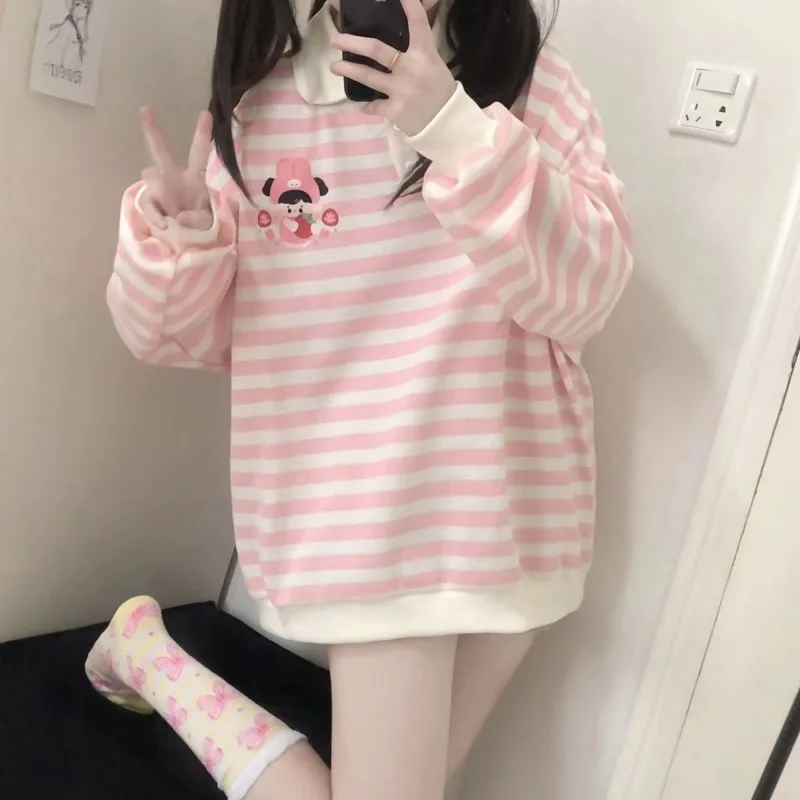 HOUZHOU Kawaii Pink Striped Sweatshirt Women Japanese Style Y2k Cartoon Print Polo Collar Long Sleeve Hoodies Loose Pullover
