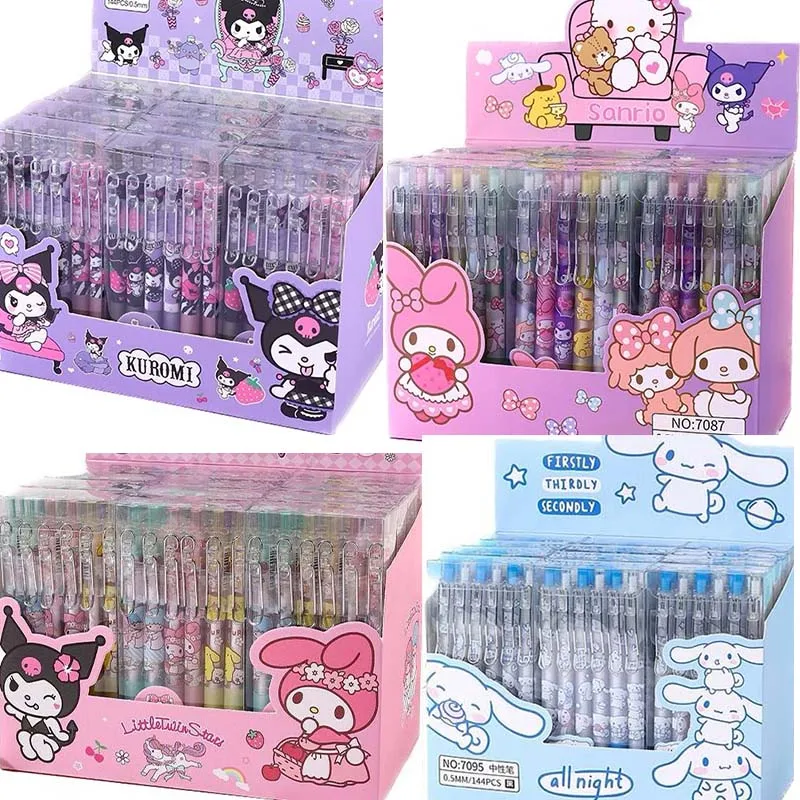 Sanrio 12pcs Cartoon Gel Pen Kawaii Hello Kitty Kuromi Cinnamoroll Stationery 0.5 Black With Metal Hook Office Write Cute Pens