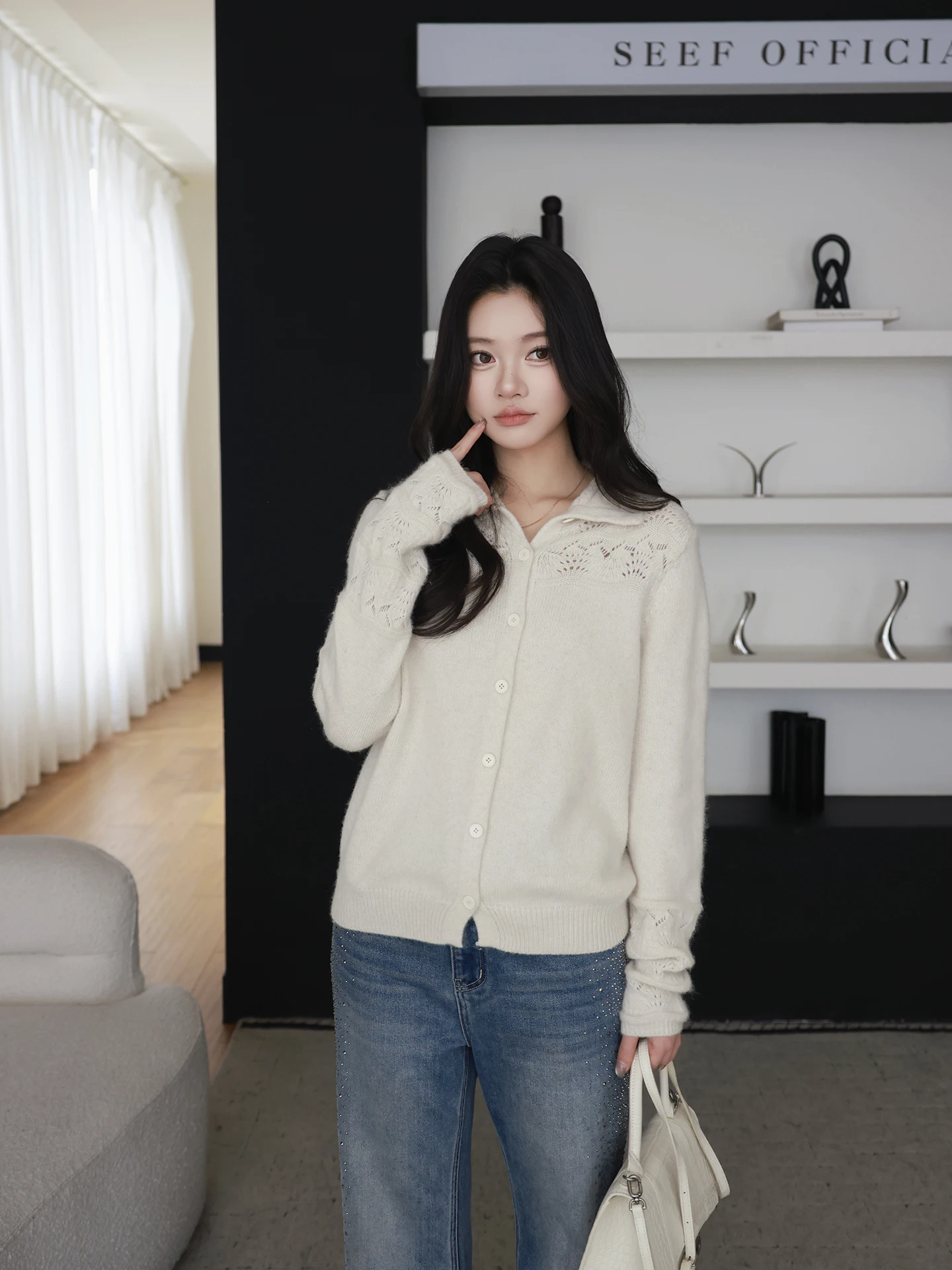 

Женский вязаный кардиган Lao Yang's Personal M Flower, мягкий, теплый, с высоким воротником, свободного кроя, для повседневной носки