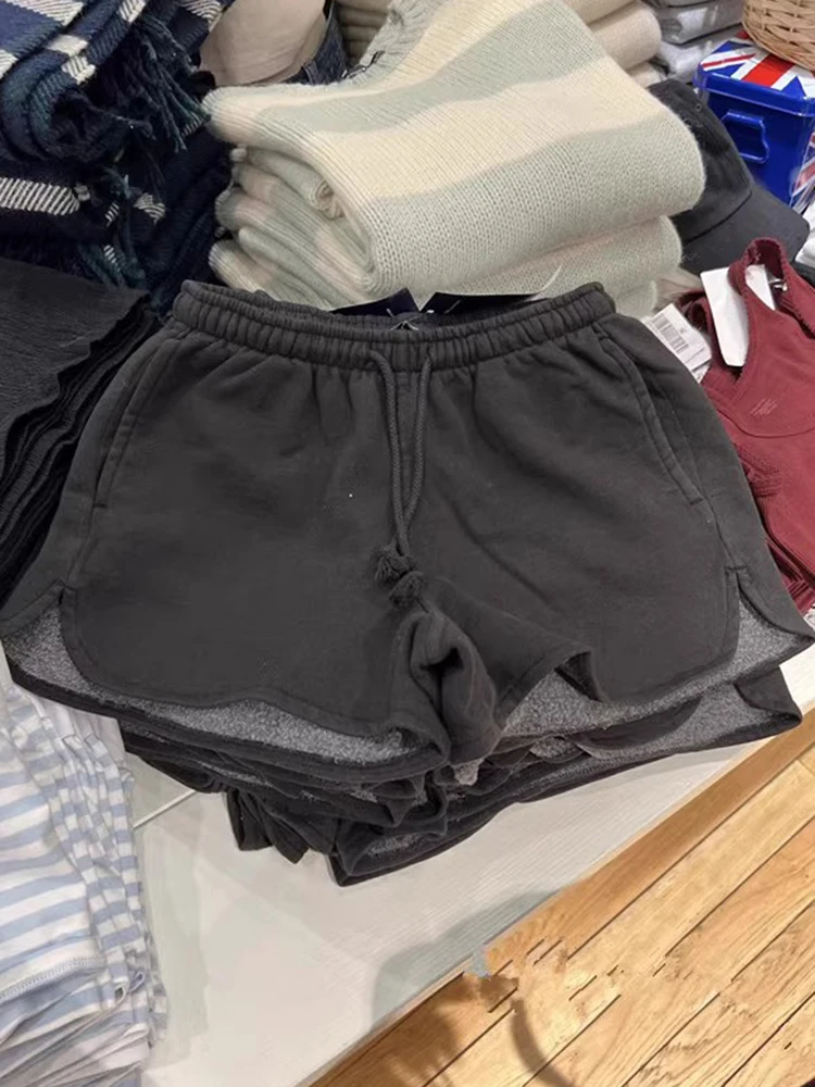 Shorts esportivos de cordão monocromático vintage feminino, algodão, elástico, cintura alta, moletom casual, streetwear Y2K, calças curtas