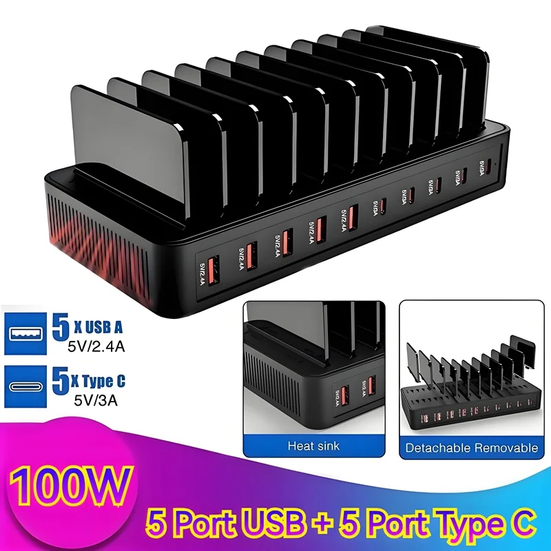 شاحن متعدد المنافذ 100 وات: تصميم حامل 5 منافذ USB و5 منافذ من النوع C يدعم 10 أجهزة في وقت واحد، متوافق مع الهواتف والكمبيوتر اللوحي