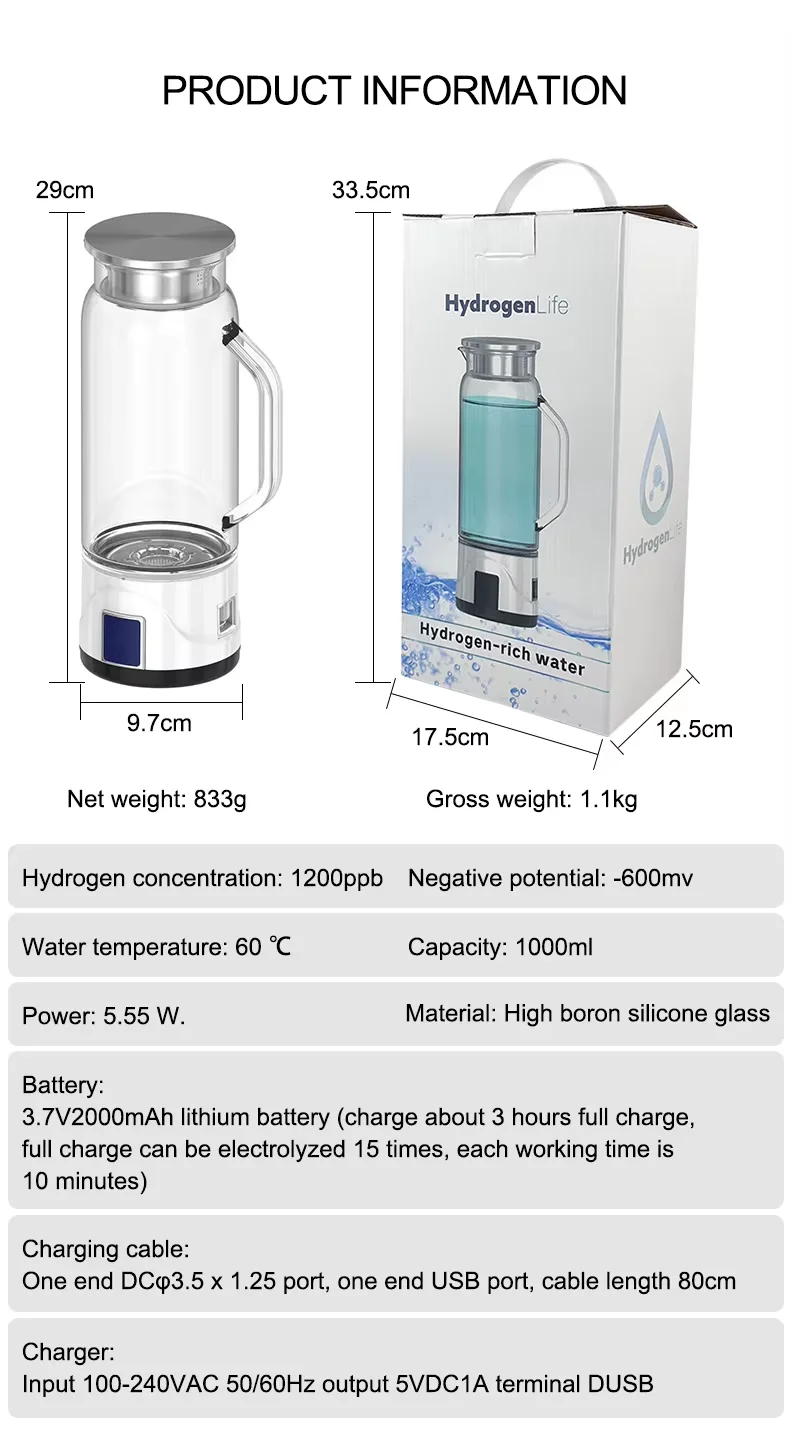 Factory Price High Hydrogen Water Pitcher Kettle Electric Hydrogen-rich Jug Water Ionizer for Home With Display Screen