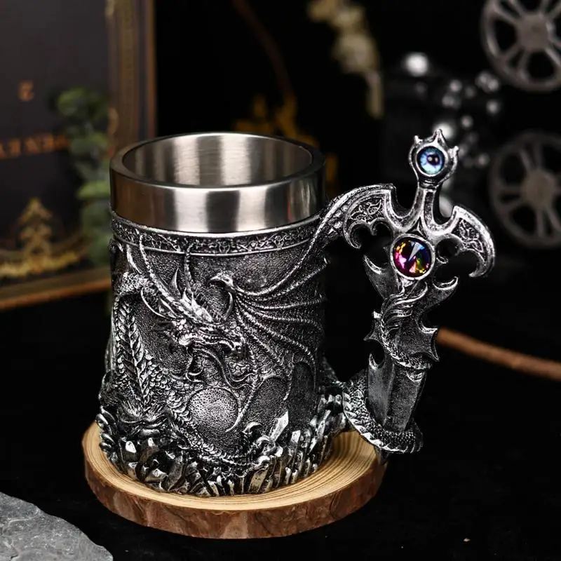 Flying Dragon Beer Glass Cross Sword Resin Stainless Steel Mug Holy Grail-Sea Blade Tankard Smaug Beer Steins Coffee Tea Cup