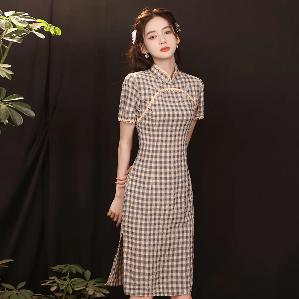 

Chinese Traditional Cheongsam Summer Vintage Plaid Female Dress Cotton Short Sleeve Women Mid Long Blue Qipao