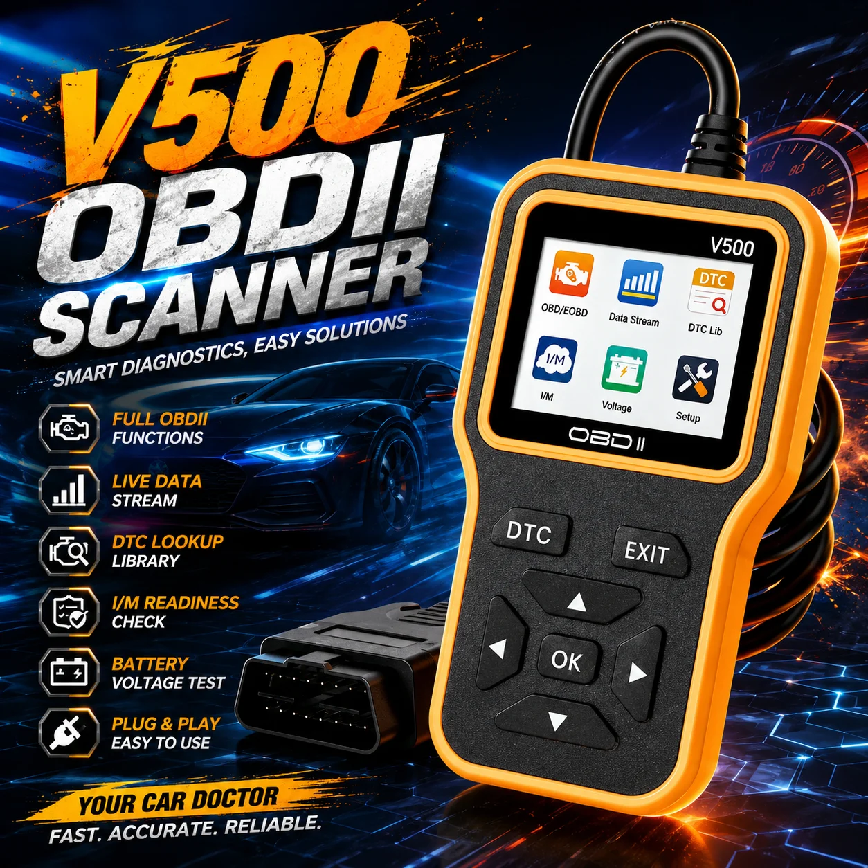 

V500 Professional Auto Obd2 Scanner Engine Fault Code Reader Live Data Battery Charging System Analyzer