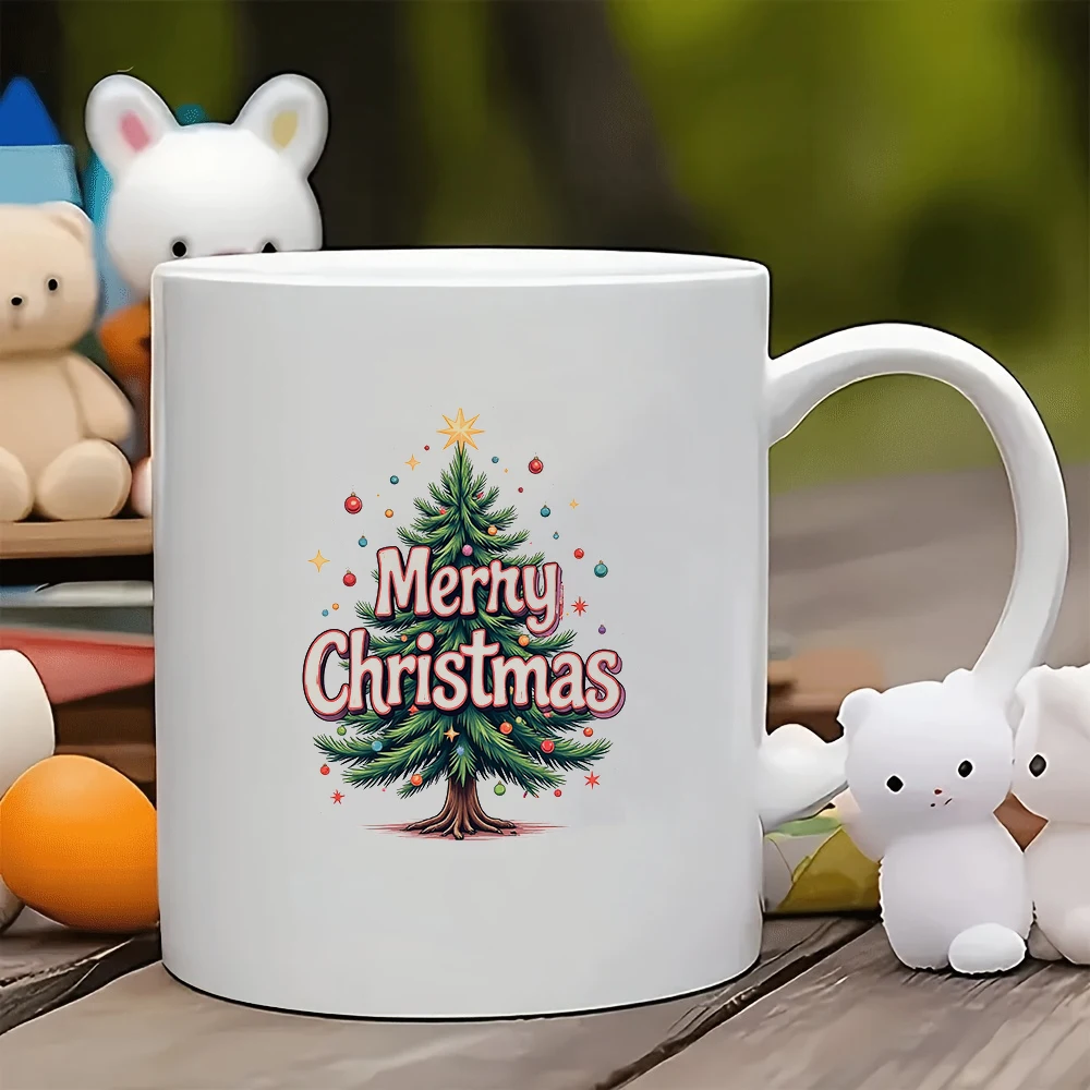 

11oz Cup Cartoon Christmas Tree Theme Merry Christmas Retro Font Wave Border Design Ballshaped Decorations Family Off