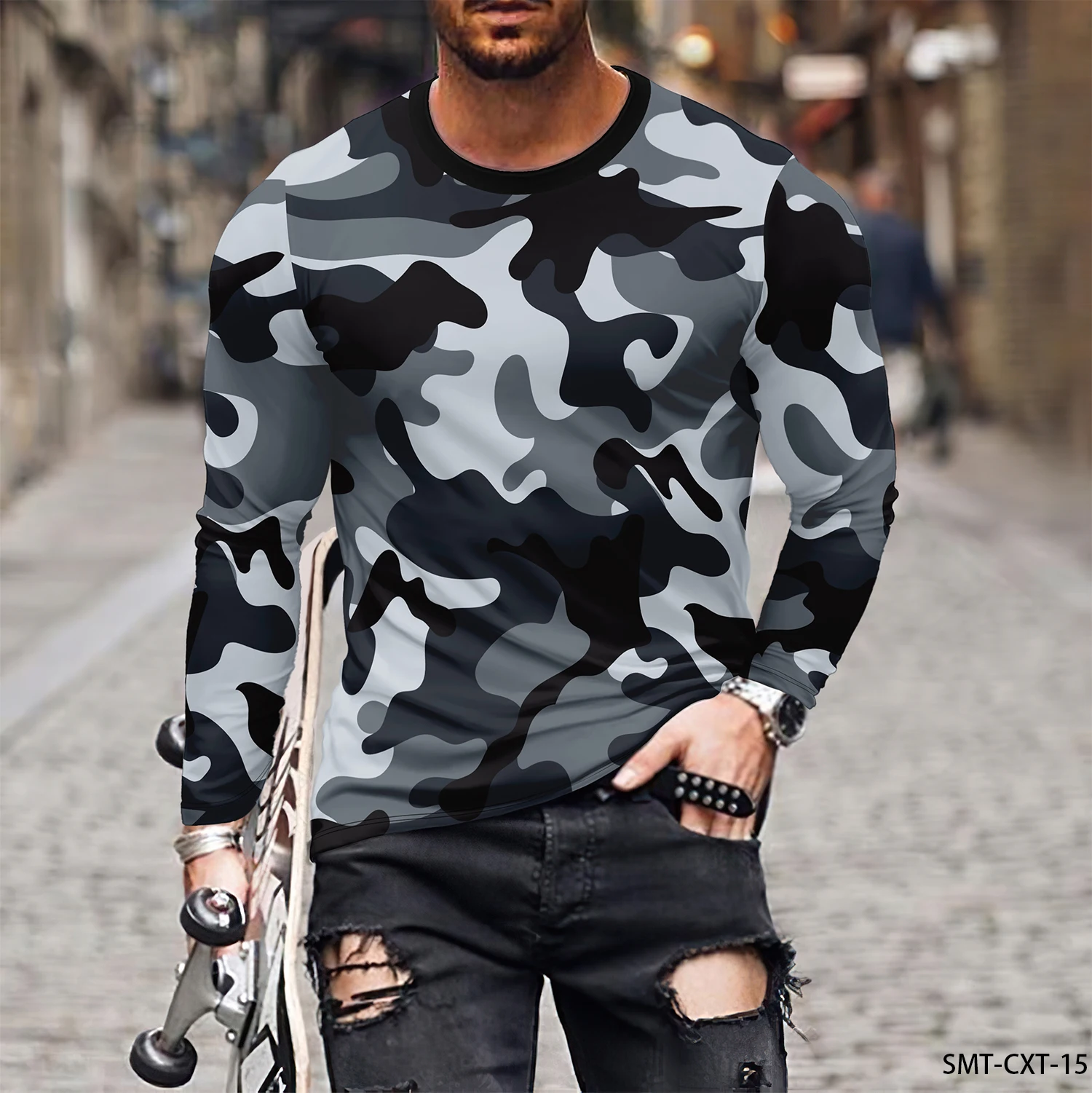 Camo printed autumn men\'s round neck T-shirt casual long sleeved T-shirt large pullover fashion trend men\'s clothing