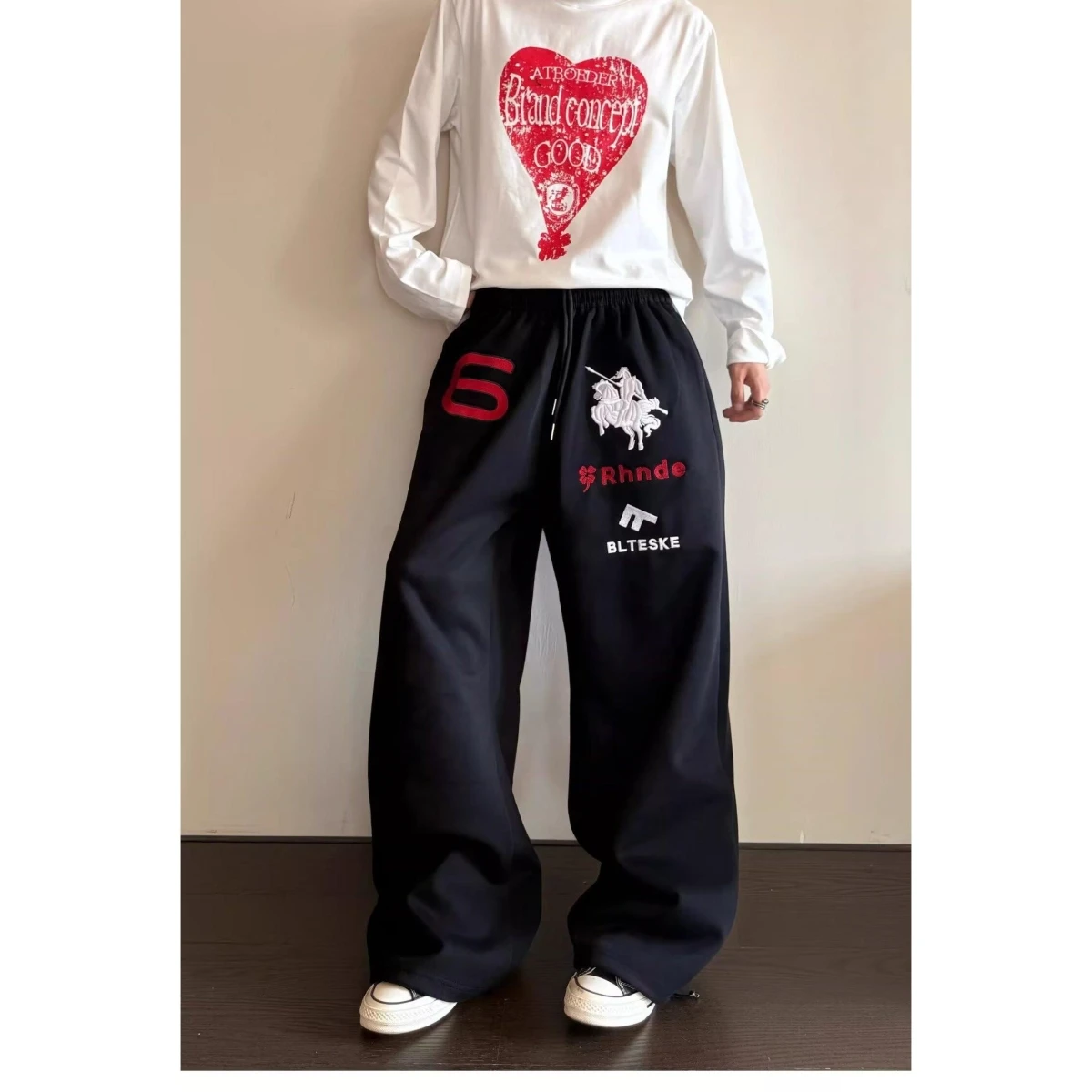 American Style Embroidered Loose Straight Leg Pants Unisex Casual Trousers Polyester Fiber Spring Summer Fashion
