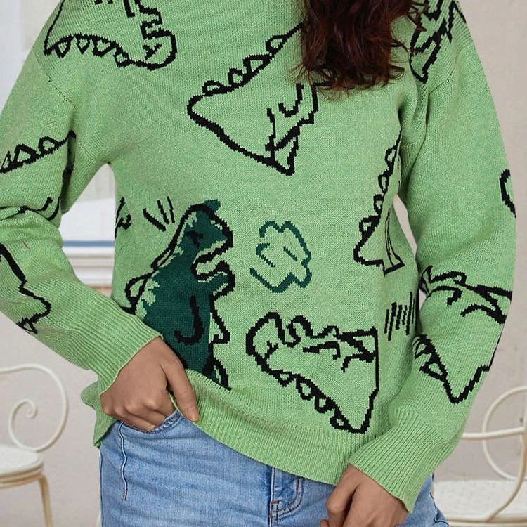 Plus Size Women's Knitted Cartoon Dinosaur Sweater Oversized Autumn Winter Sweaters for Women White Green Blue