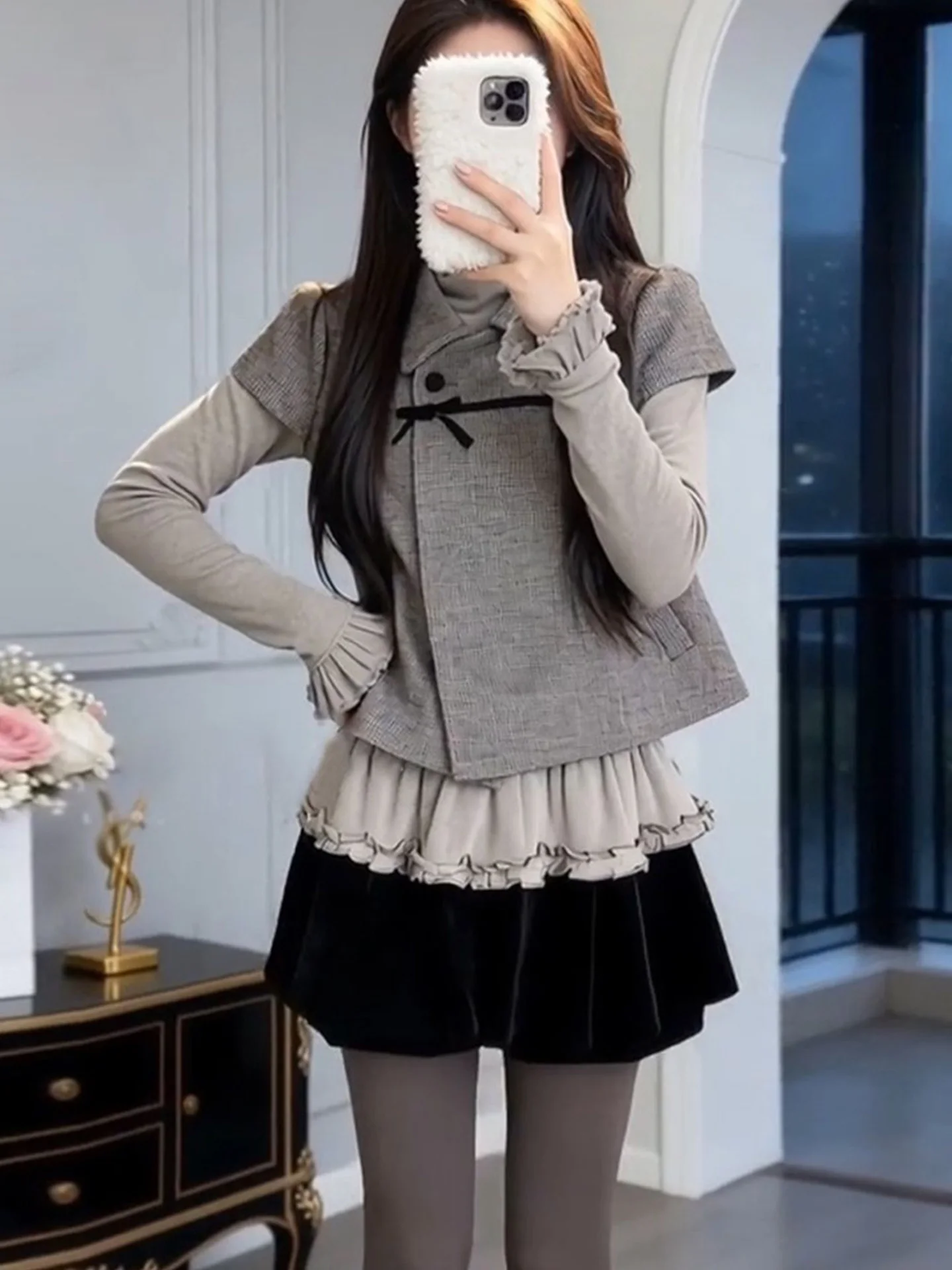 

Slimming Faionable Spring Set Women's ort Sve Top And High Waist Skirt Ensemble Knot Vintage Sle Outfit