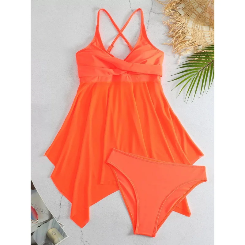 2025Two-Piece Swimsuit for Women, Solid Color Skirt Style, Mesh, Slimming, Sexy Swimwear, Bikini