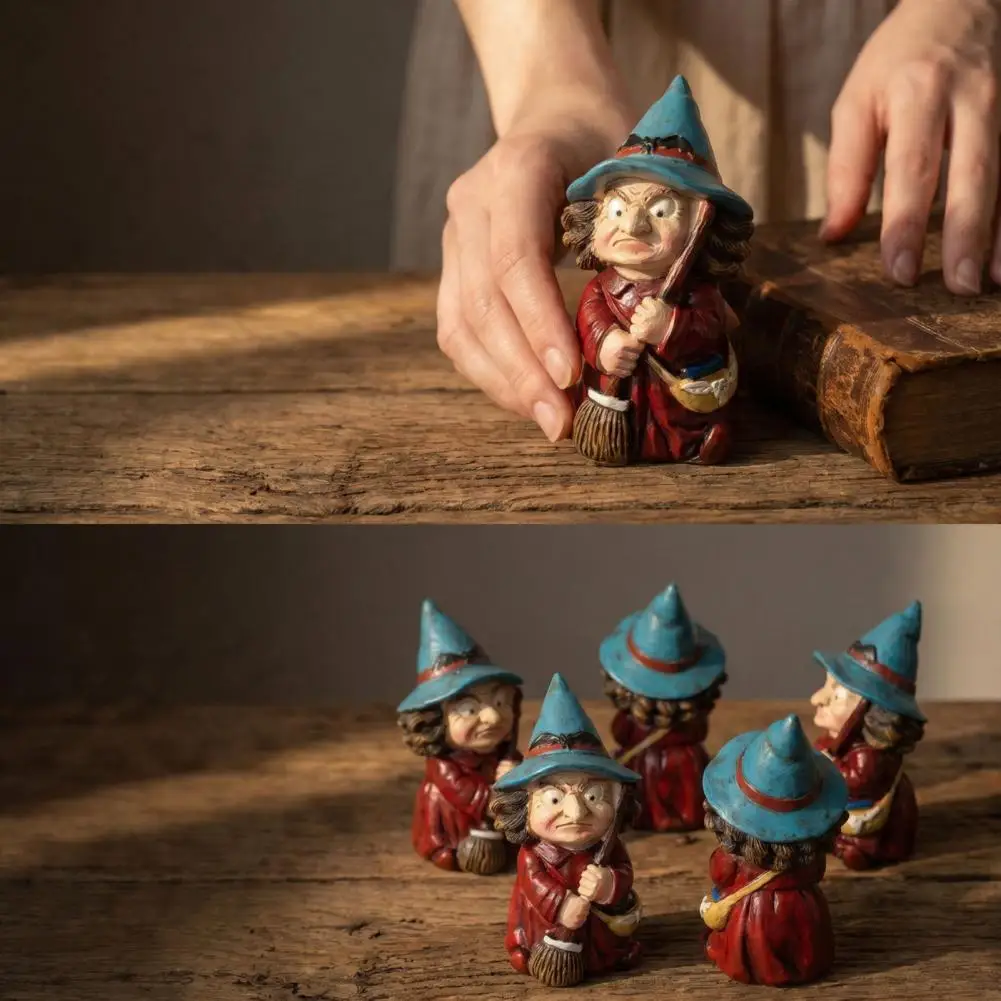 Halloween Witch Ornament Durable Resin Witch Statue Witch on Broomstick Resin Figurine Halloween Gnome Statue with Hat for Shelf