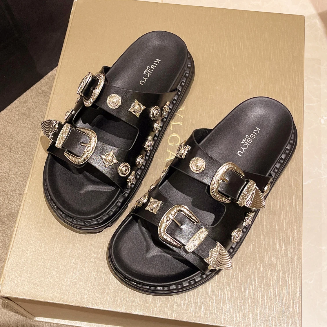 Summer Women Slippers Punk Rock Rivets Platform Leather Mules Creative Metal Fittings Slippers Female Casual Sandals Shoe Slides