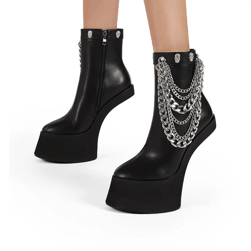 Botines de cuña negros estilo punk sin talón para mujer, con tachuelas de calaveras, cadena plateada decorativa, plataforma y tacón alto, estilo gótico F443
