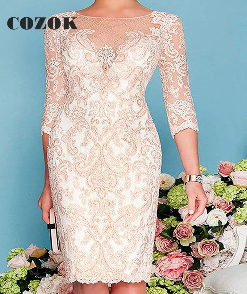 Light Pink Lace Women\'s Mother Of The Bride Dresses Simple Sheath Tea Length  With Jacket Formal Party Gowns Custom YW34