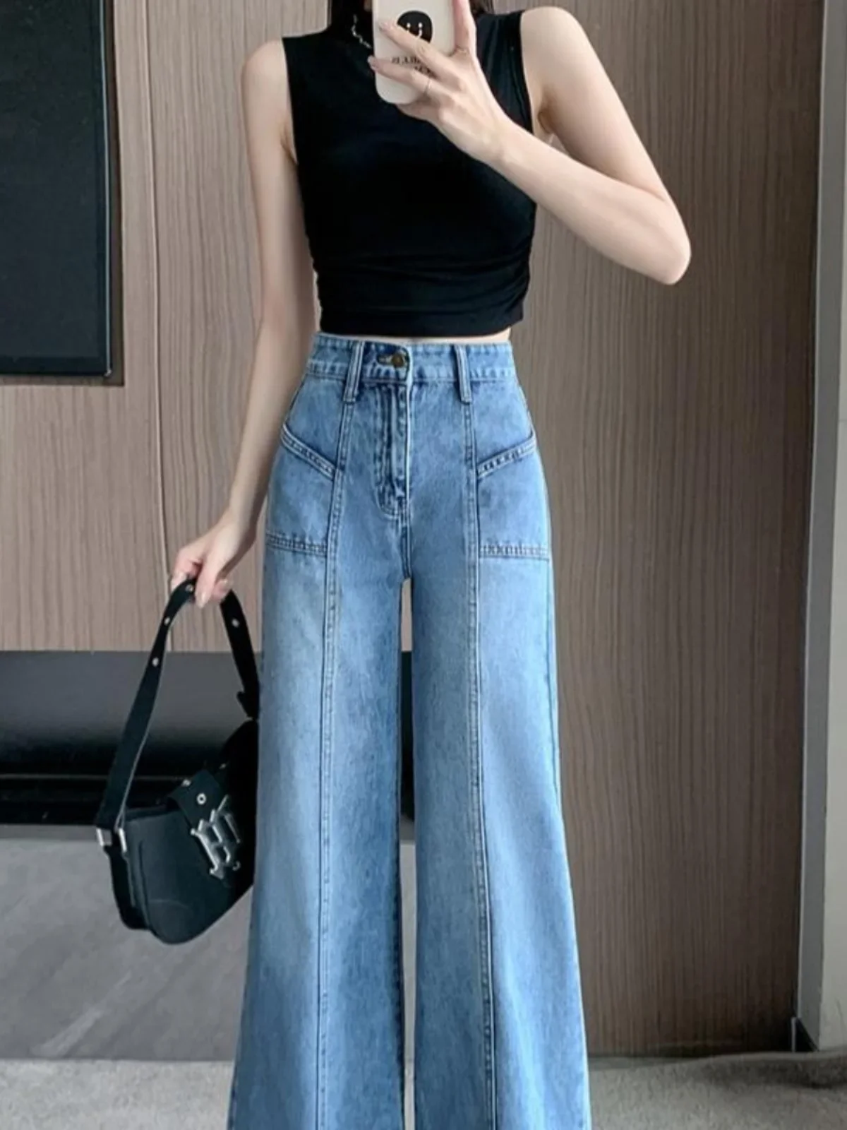 

2025 Spring Casual Loose Wide-Leg Micro-Pull Straight Mop Pants American vintage Split Blue Jeans Women