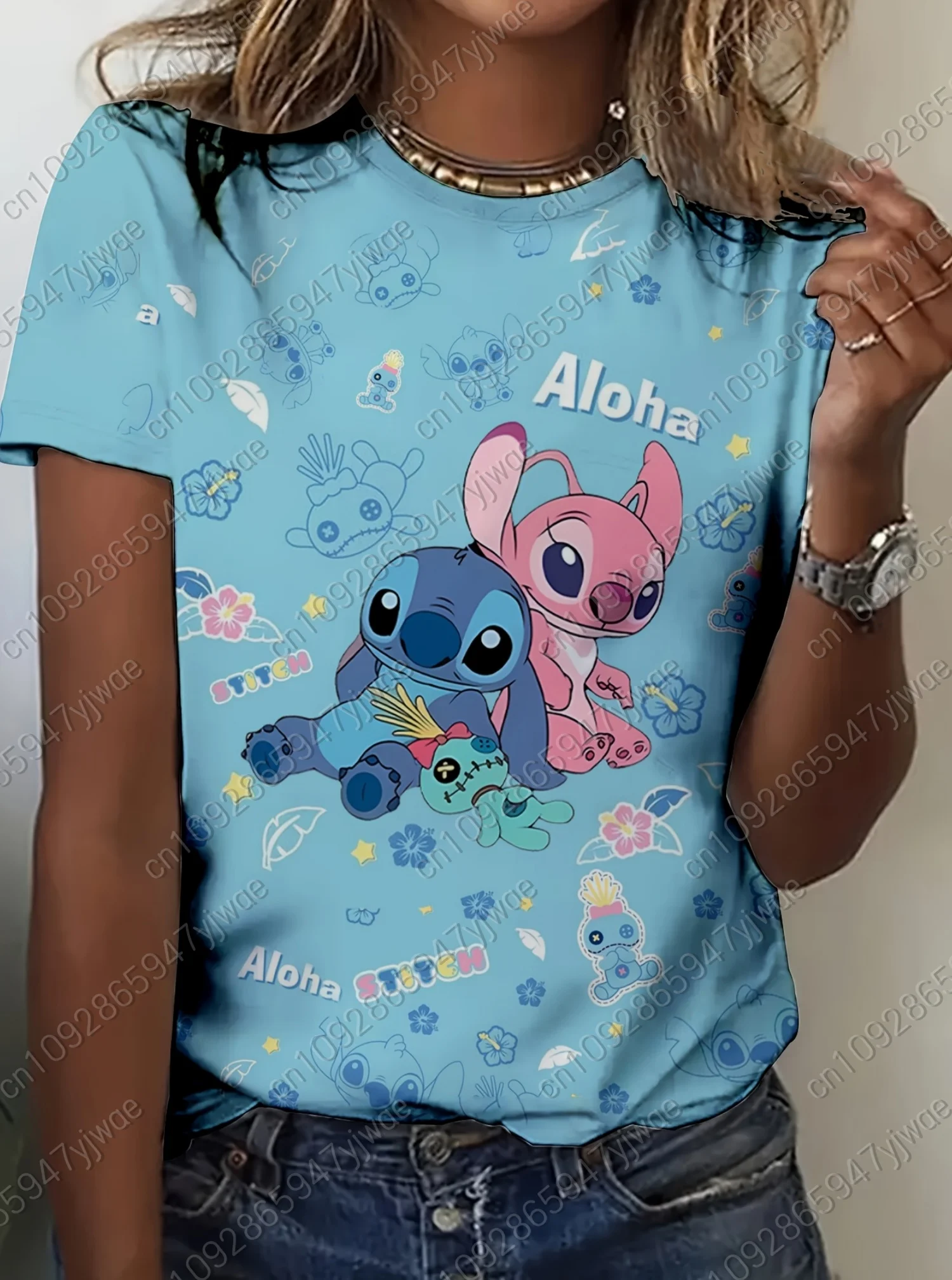 الصيف المرأة Kawaii غرزة طباعة جولة الرقبة قصيرة الأكمام تي شيرت اليومية أعلى الإناث الإبداع الشارع تي شيرت