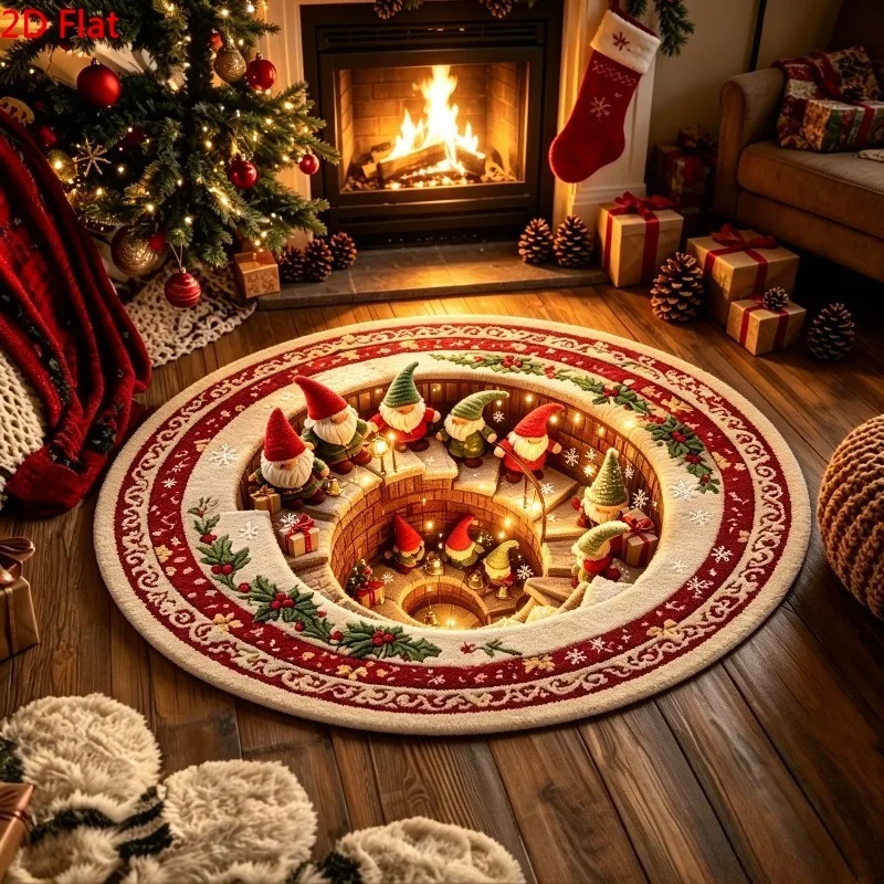 Round Area Rug 2D Flat 3D Illusion Steampunk Clock Carpet Flannel Soft Cozy Brass Gear Spiral Staircase Lounge Rug