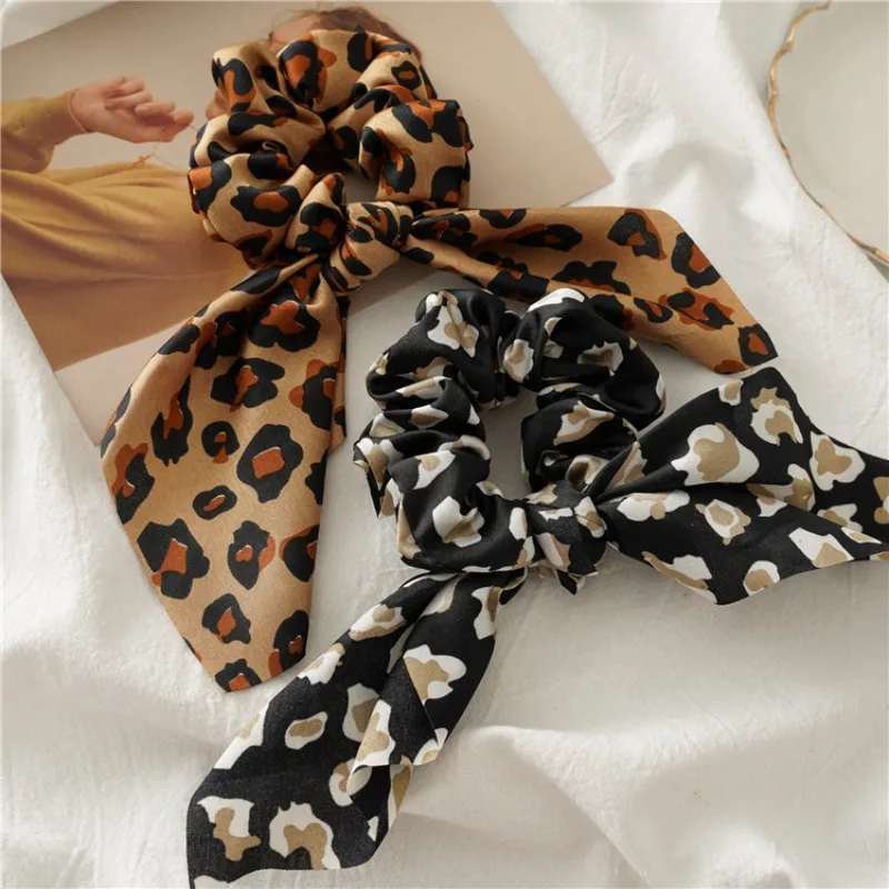 Leopard Print Scrunchies Stain Bowknot Hair Ties Ropes Women Girls Ponytail Holder Elastic Rubber Bands Hair Styling Accessories