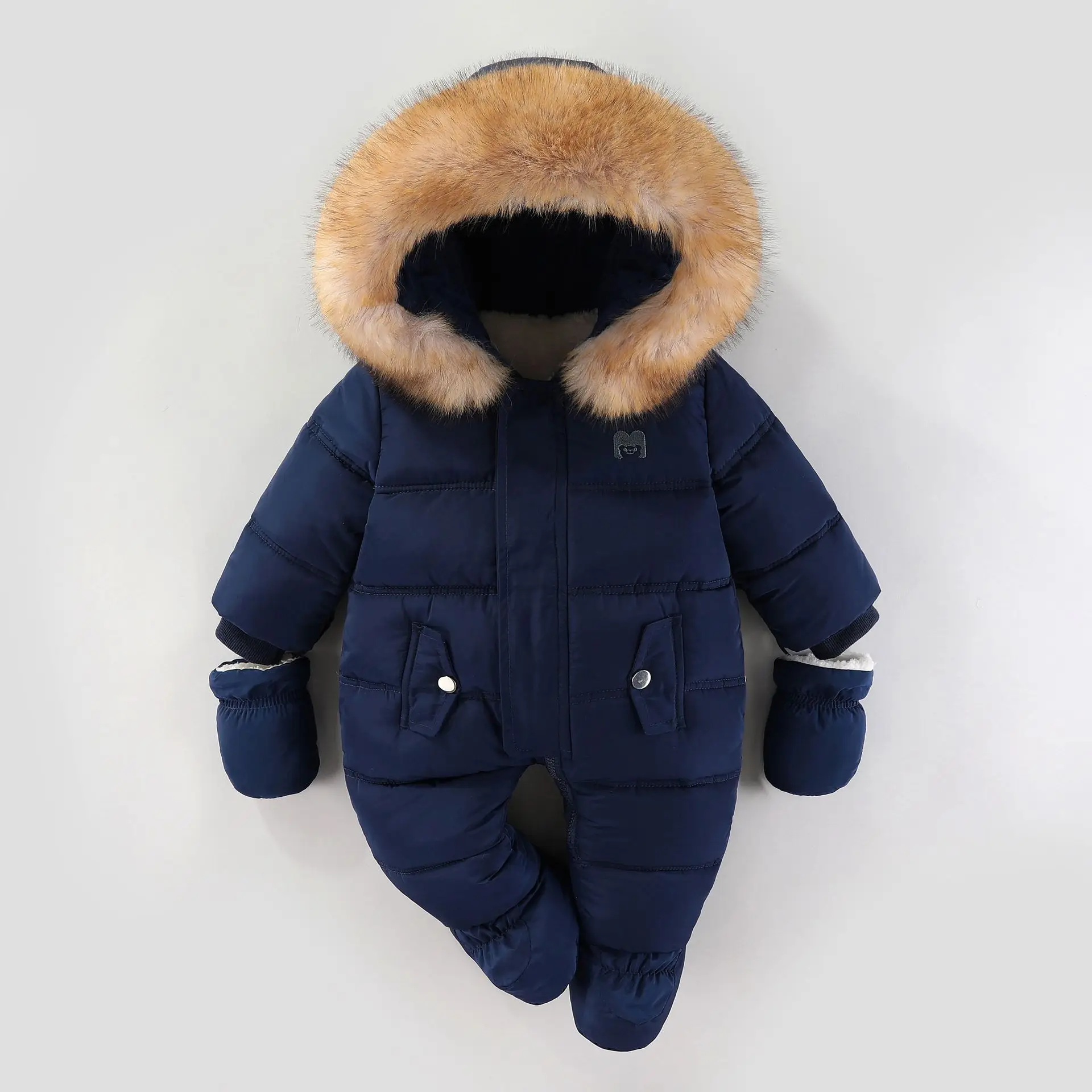 UNIFEMEN New Baby Boys Winter Rompers Fur Collar Thickened Warm Baby Boys Jumpsuit Hooded Cotton Padded Infant Boy Bodysuit