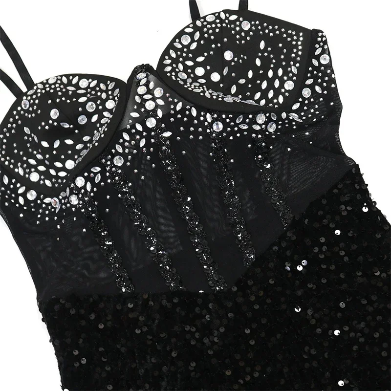 Błyszczące kryształowe cekinowe suknie wieczorowe damskie luksusowe Spaghetti pasek siatkowy przezroczysty patchwork Celebrity klub nocny na imprezę bal sukienka