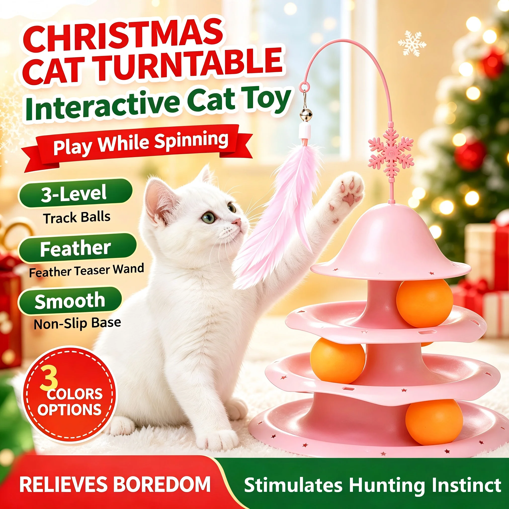 Christmas Themed Cat Roller Track Training Toy 3 Levels with Feather Teaser Anti-slip Base Improve Kitten Focus Holiday Toy