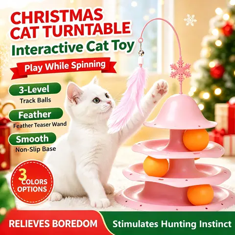 Christmas Themed Cat Roller Track Training Toy 3 Levels with Feather Teaser Anti-slip Base Improve Kitten Focus Holiday Toy