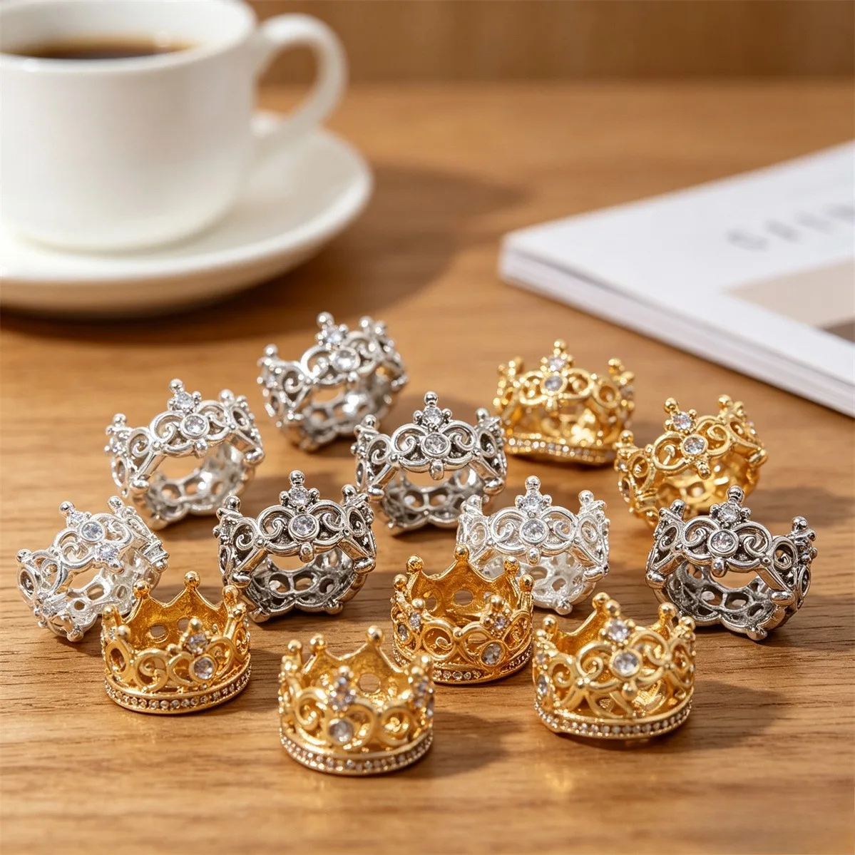 Brass Silver & 14K Gold Plated Cubic Zirconia Crown Large Hole Spacer Beads DIY Bracelet Necklace Jewelry Findings