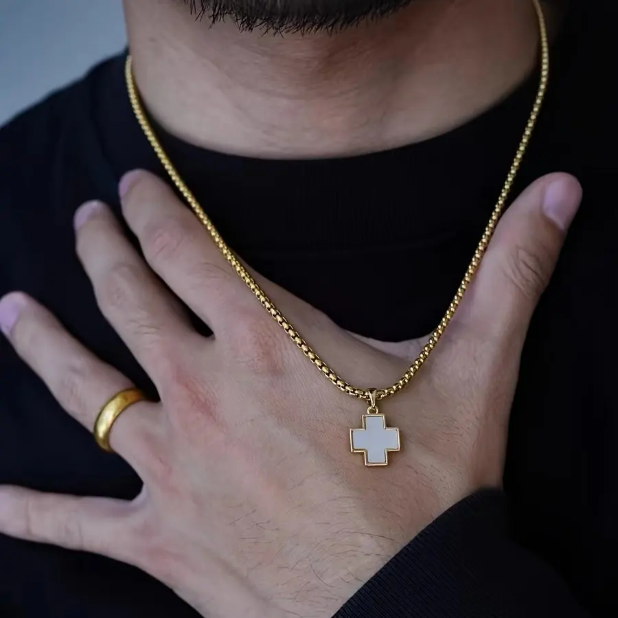 Retro Weiße Acryl-Muschel Kreuz-Anhänger Halskette Hip-Hop Goldfarben Edelstahl Halskette für Männer Mode Schmuck Accessoires – Detail 2