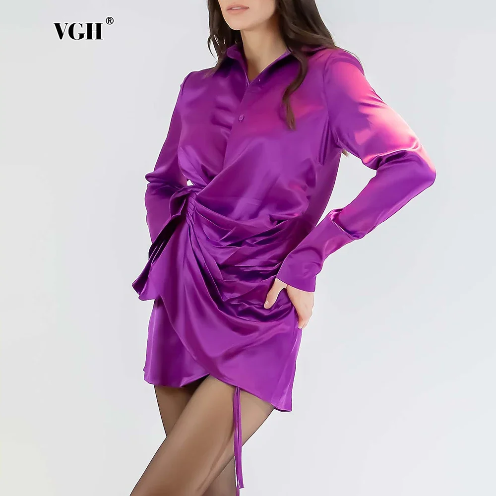 VGH الصلبة المرقعة الدانتيل يصل التخسيس طيات فستان للنساء التلبيب كم طويل عالية الخصر مزاجه فساتين أنثى موضة جديدة