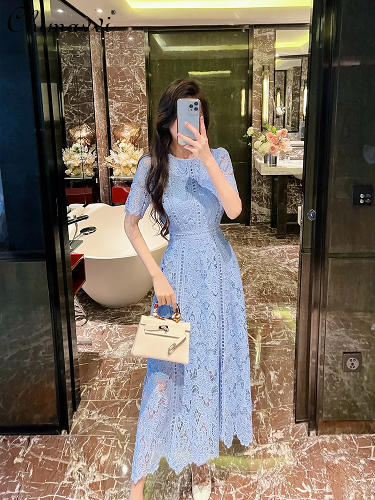 

Heavy Fashion Lace Dress 2024 Summer High-end French Round Neck Short Sleeve High Waist Slimming Elegant Party Long Dress Women