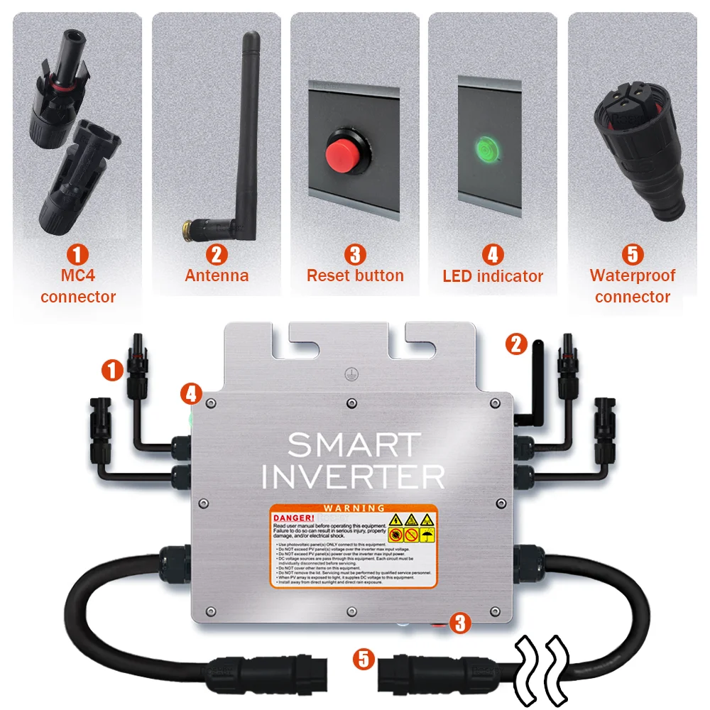 Inverter surya murni dengan Wifi, 600W 700W 800W 1000W, Inverter mikro tenaga surya tahan air Input IP65 20-60v Output 110V 230V dengan pendingin gelombang sinus murni