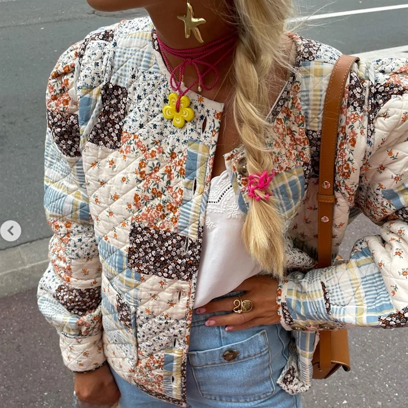 

Осенне-зимняя хлопковая куртка с принтом, утепленная, разноцветная, мелкосерийная, для женщин