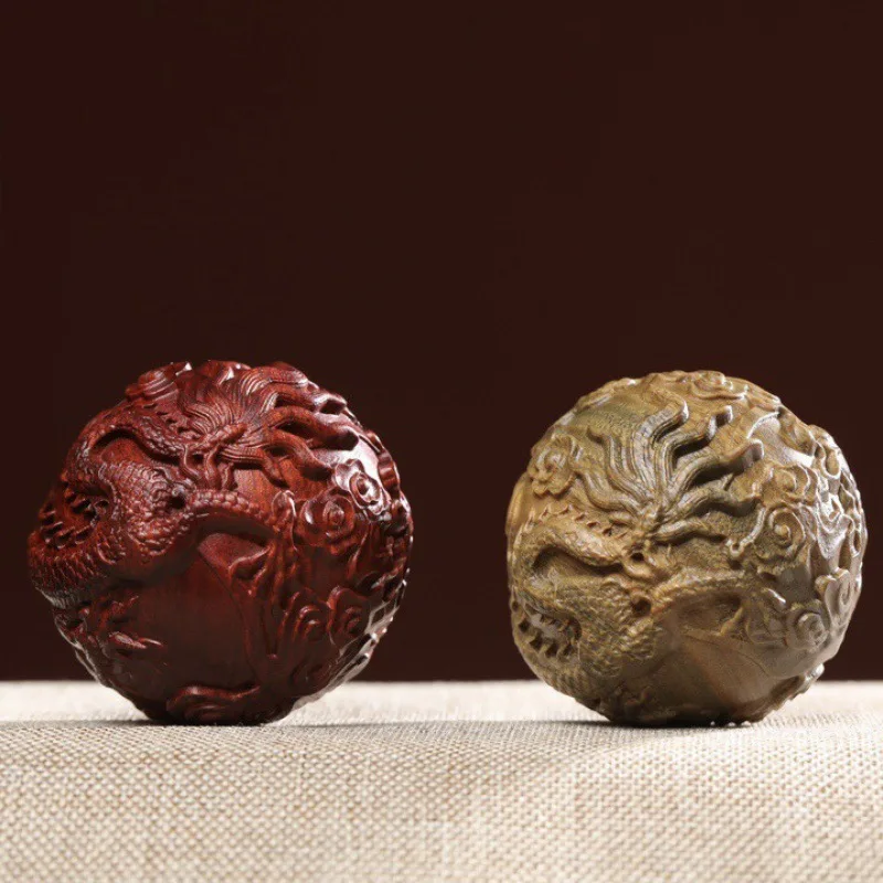 Red Sandalwood Green Sandalwood Carved Dragon Phoenix Hand Massage Balls 2pcs Set Traditional Chinese Wenwan Collectible Handhel