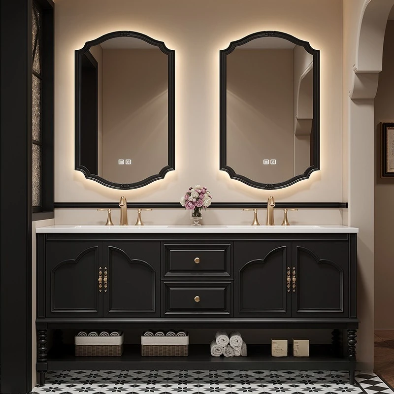 Household French retro floor-to-ceiling double basin bathroom cabinet combination rock slab hot bending integrated basin toilet