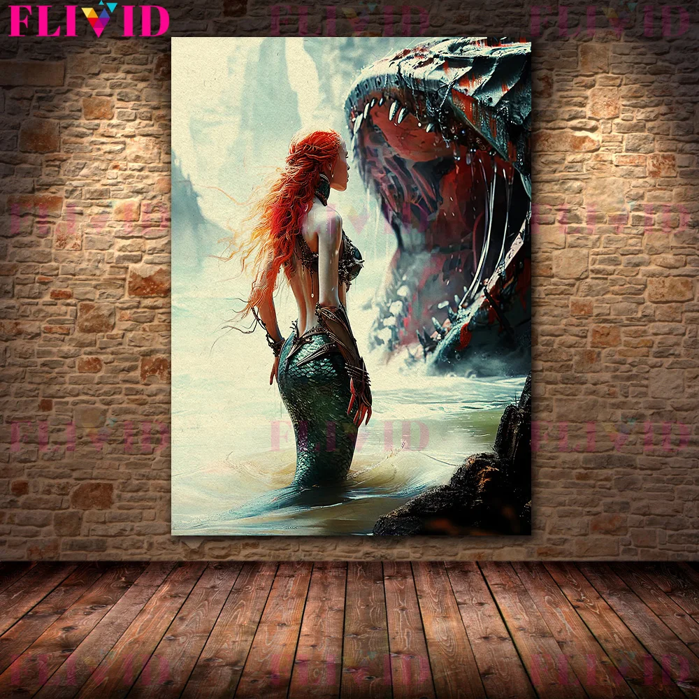 The Red-Haired Mermaid And The Undersea Express, Vintage Wall Art Canvas Painting, Fantasy Creature, Art Poster Print Decoration