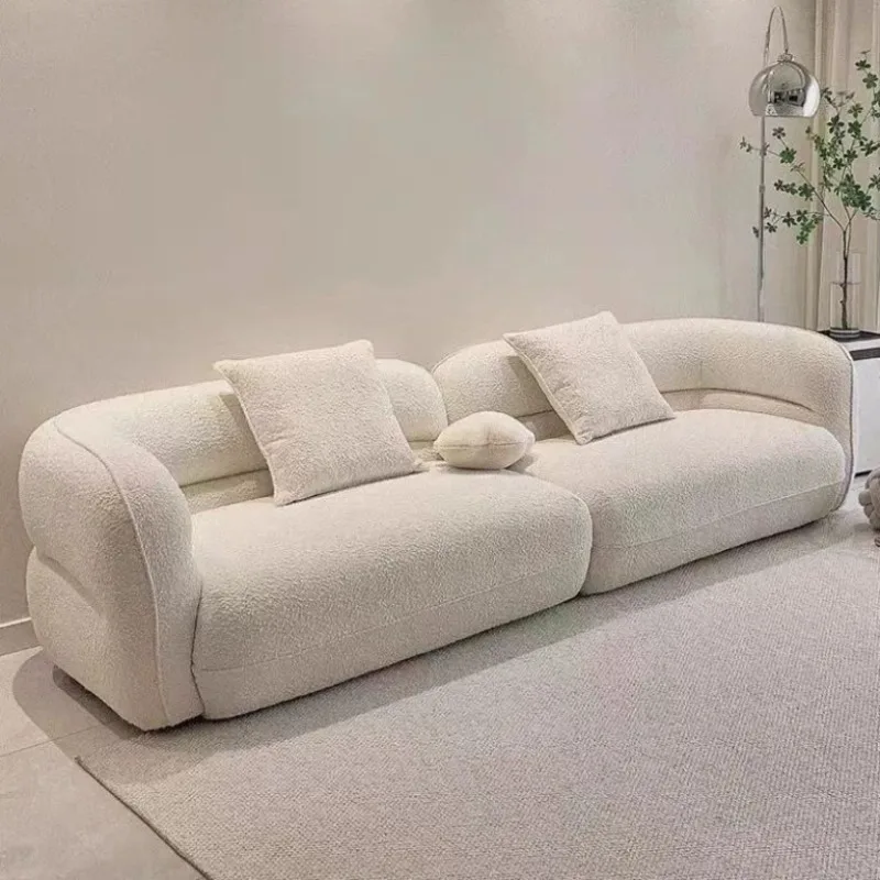 

Nordic cream style beige fabric sofa curved living room small apartment Bobo ball lamb wool three-person straight row sofa