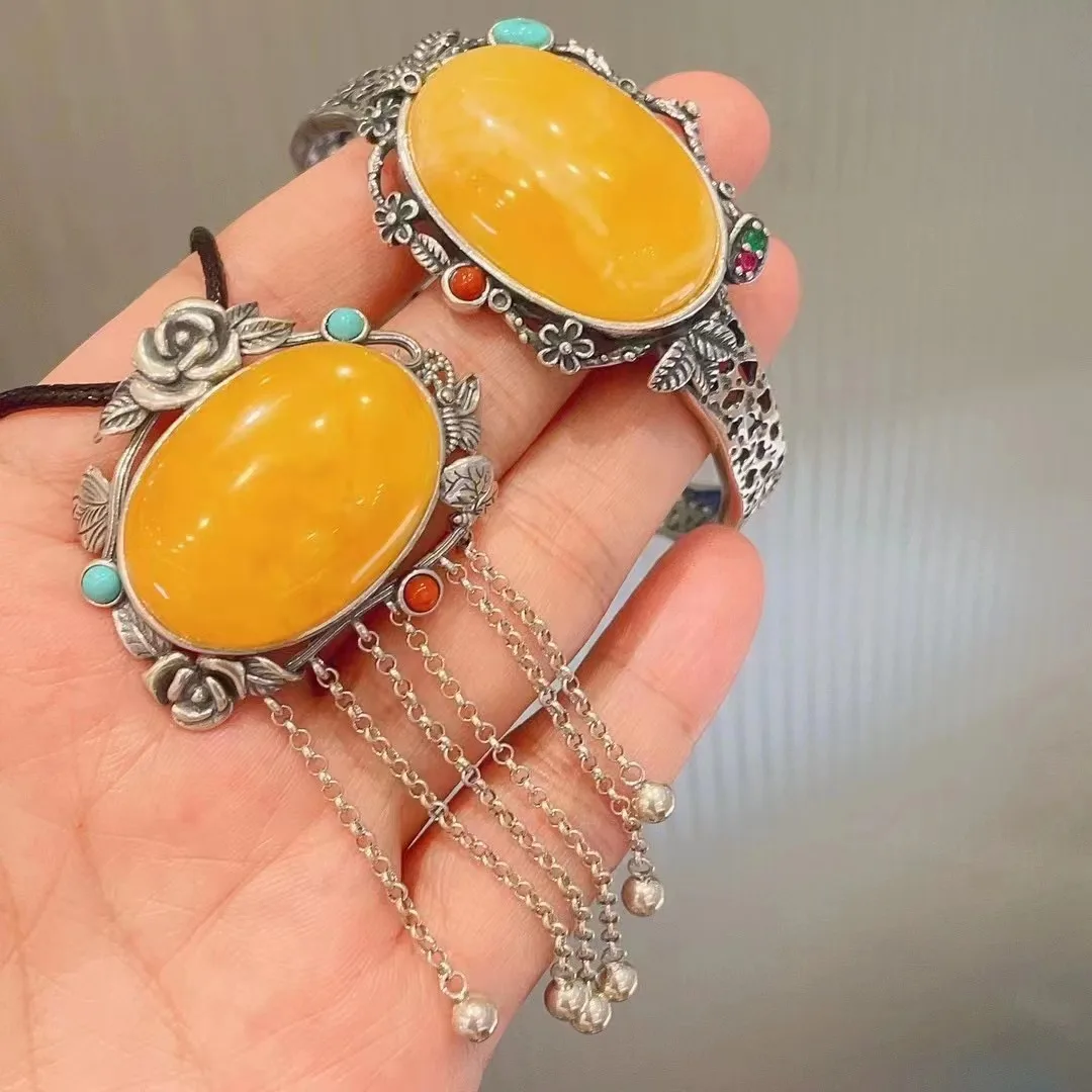 Natural 100% real 925 Sterling Silver Inlay yellow amber beads pendant Bracelet necklace noble Jewelry two-piece set gift