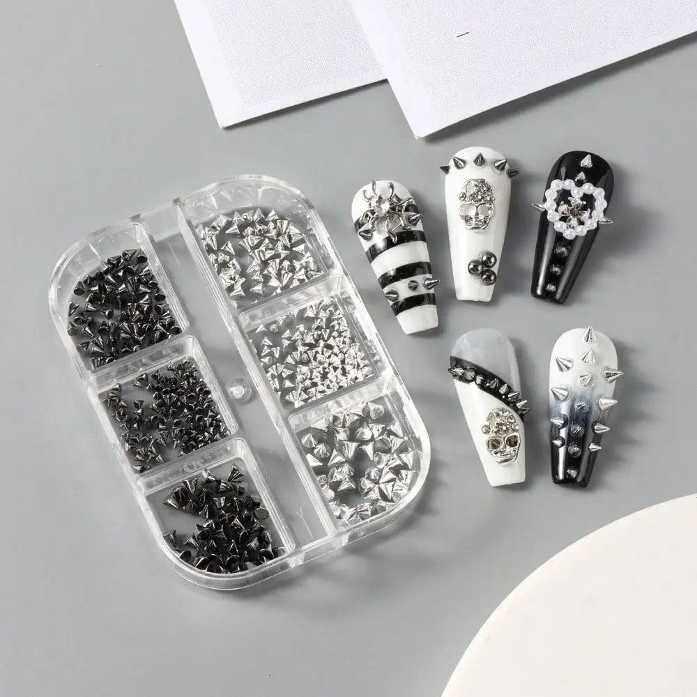 6 Grids Metal Nail Studs Black Silver Spike Rivets 3D Nail Art Charms DIY Manicure Decor for Nails view 4