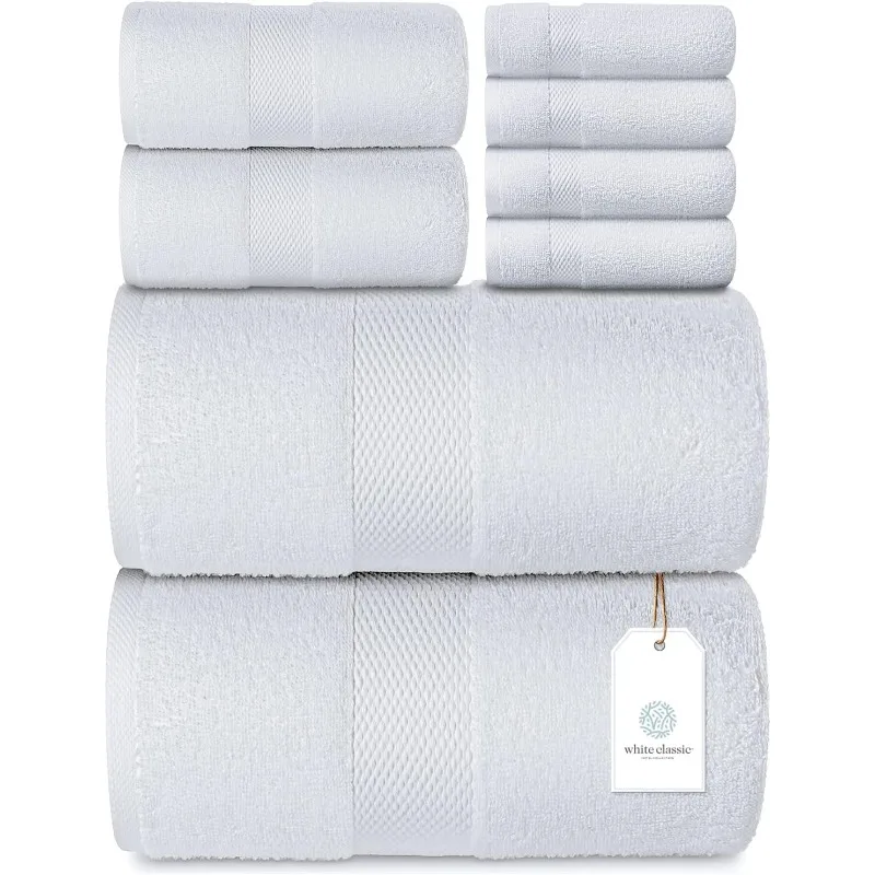 

White Bath Towel Set - Combed Cotton Hotel Quality Absorbent 8 Piece Towels