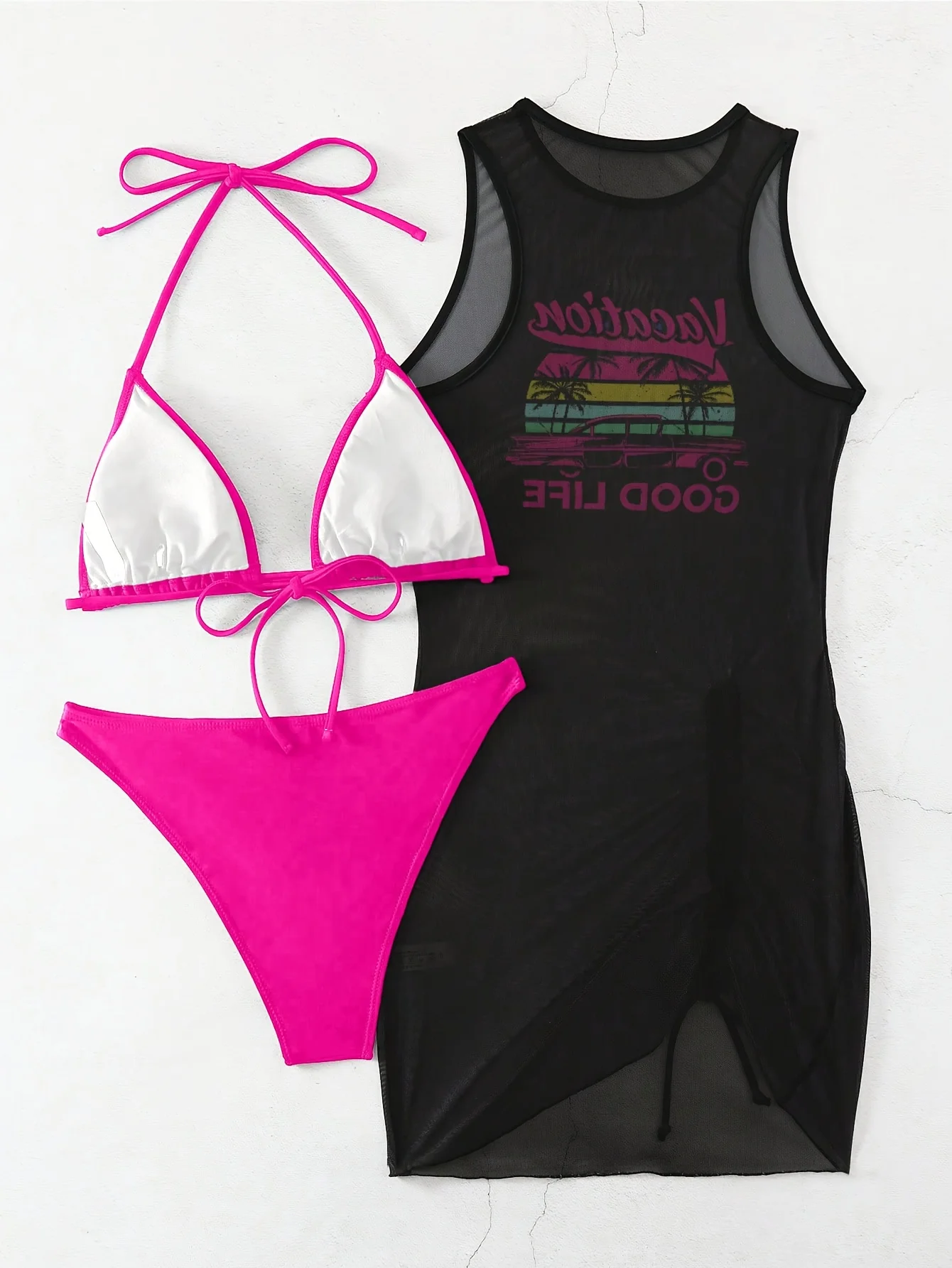 ชุดว่ายน้ำแยกชิ้นผ้าตาข่ายสีดำพิมพ์ลายแฟชั่นเซ็กซี่สำหรับผู้หญิงปี 2026 พร้อมลายกราฟิก “Vacation Good Life” และผ้าคลุมรัดรูป