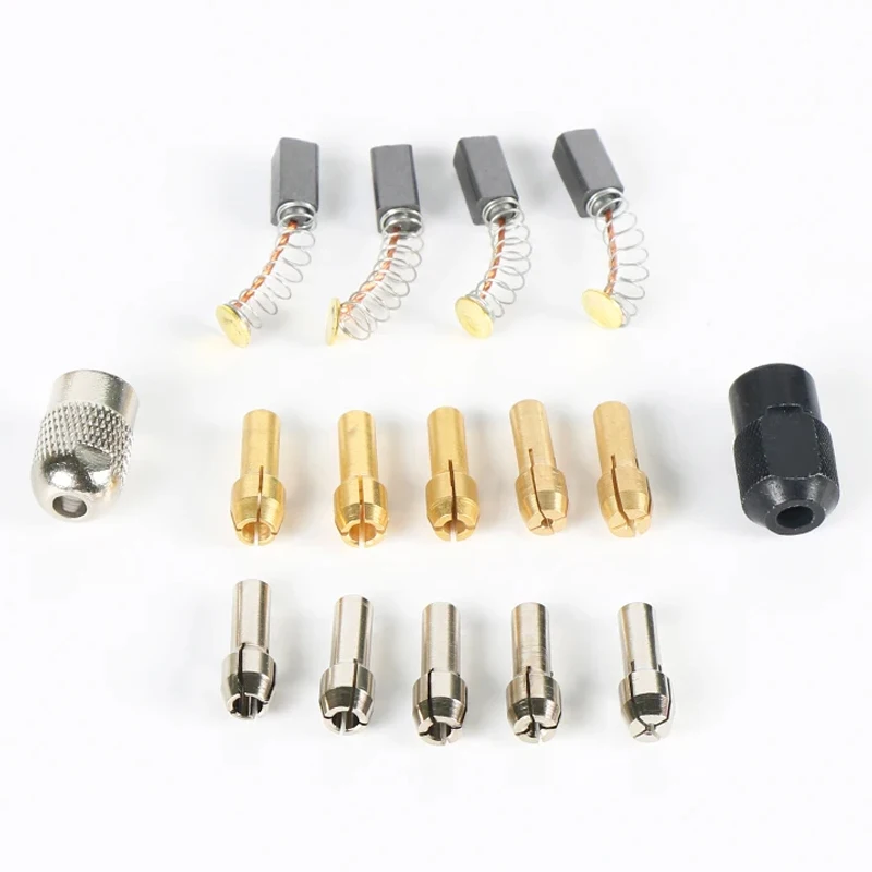 16PCS/Lot Mini Drill Collet Chuck 10PCS 1.0-3.2mm 4.3mm Shank Brass Chucks Adapter With 2PCS M8 Nuts 4PCS Carbon Brush 5*5*8