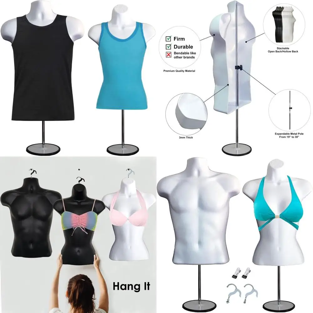 

Universal Male & Female Mannequin Set with Hollow Back, Adjustable Stand, Clothes Clips for T-Shirt Displays and Design, S-M Siz