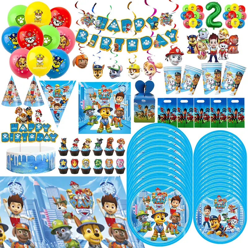 Decoraciones de Cumpleaños de Paw Patrol, Vajilla de Papel, Platos, Vasos, Pancarta, Fondo, Vasos de Papel, Globos, Set de Artículos para Fiesta, Regalos