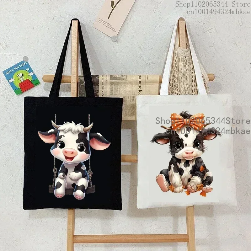 Cute Cow Print Canvas Tote Bag Women\'s Large Capacity Beach Shoulder Bag Student Casual Travel Shopping Bags Cartoon Cow Handbag